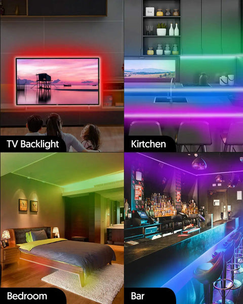 9.8Ft RGB WiFi TV Backlight Strip With Alexa Google Assistant Control Music Sync 16 Million Colors Remote For 46 To 60 Inch TVs Immersive Ambient Lighting For Your Home Theater showcasing usage in TV, kitchen, bedroom, and bar settings.