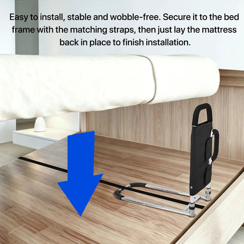 Upgraded Bed Assist Rail For Seniors And Post Surgery Recovery installed on bed, shows safety cane with under-mattress support setup.