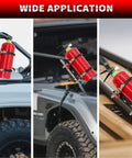 Universal Quick Release Fire Extinguisher Mount With CNC Aluminum Adjustable Roll Bar Holder installed on off-road vehicles
