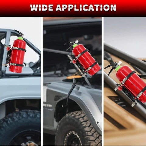 Universal Quick Release Fire Extinguisher Mount With CNC Aluminum Adjustable Roll Bar Holder installed on off-road vehicles