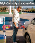 Man using 12V DC Self Priming Fuel Transfer Pump Kit with explosion proof construction, 15 GPM flow, for vehicle refueling.