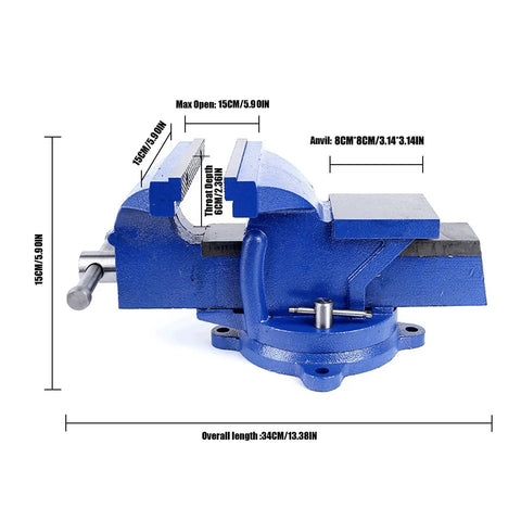 Heavy Duty 6 Inch Bench Vise With Locking Base Clamp Cast Steel 360 Degree Swivel Built In Anvil For Woodworking Conduit Drilling Cutting And Sanding On a Desktop Workbench, blue cast steel