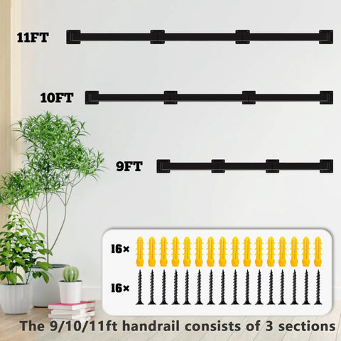 Heavy Duty Wall Mounted Handrail For Indoor Stairs Featuring An Extra Long Eleven Foot Black Steel Rail Built Tough displayed with 9FT and 10FT options.