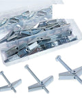 Heavy Duty Toggle Bolts Set Three Box 135 Pieces for Hollow Walls and Drywall Ceiling Mounts close-up view of metal bolts