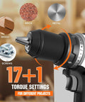 Close-up of a Beast Brushless Cordless Drill Driver With 530 Inch Pounds Torque Seventeen Plus One Clutch Settings One Half Inch Keyless Chuck Variable Speed Long Lasting Motor For Home Or Pro Projects Battery And Charger Not Included showing chuck and torque settings