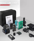 Pro Grade Self Leveling Laser Level Kit with 3x360 Degree Green Beams, 12 Lines, batteries, remote, stand, carry bag