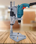 Universal Drill Press Adapter For Hand Tools, Adjustable Benchtop Conversion Stand with aluminum base and drill, perfect for woodworking.