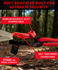 Red Half Inch By Twenty Two Inch Soft Shackle Rope for Offroad Recovery showing stopper knot and looped ends, 57000 lbs strength