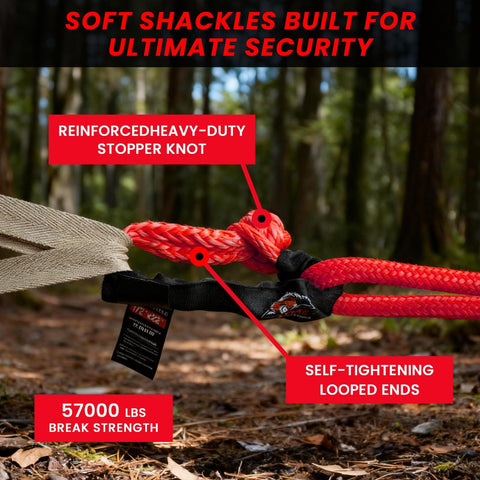 Red Half Inch By Twenty Two Inch Soft Shackle Rope for Offroad Recovery showing stopper knot and looped ends, 57000 lbs strength
