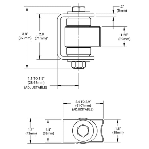 Heavy Duty Weld On Gate Hinge With Smooth Swinging Action And Precision Bearings For Heavy Duty Fences and Commercial Gates Built Like A Tank In The USA Weatherproof Finish Comes As One Piece, detailed dimensions and adjustments shown.