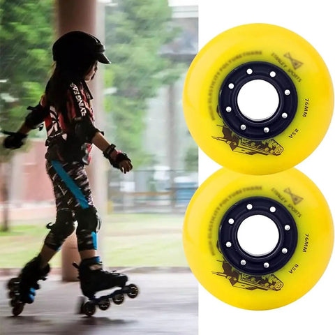 Yellow inline skate wheels 85A 72mm and 76mm set for outdoors and indoors next to a child skating, featuring tough PU material.