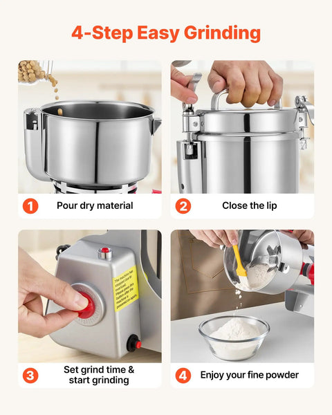 Steps to operate Electric Grain Mill Grinder High Speed 2000W Stainless Steel Pulverizer for dry grain and spice grinding.