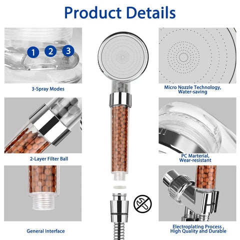 Silver High Pressure Shower Head With Filters, Purifying Handheld Detachable Showerhead, Powerful Water Saving Hose Included