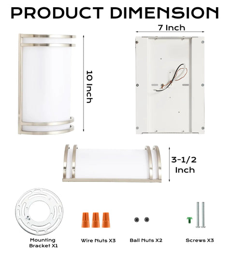 Dimensions and parts of LED Wall Sconce With 3 Color Temperatures 3000K 4000K 5000K Dimmable 15W 120V CRI 90 Plus Brushed Nickel Modern.