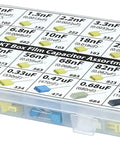 Bulk MKT PET Film Capacitor Kit, 235-Piece Assortment With 24 Values At 63V, neatly organized in a labeled storage box.