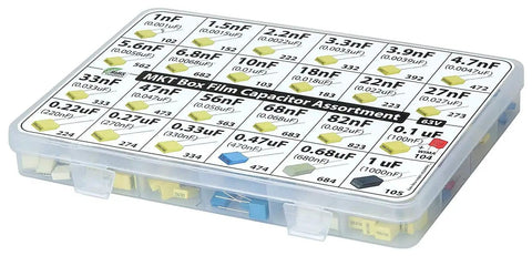 Bulk MKT PET Film Capacitor Kit, 235-Piece Assortment With 24 Values At 63V, neatly organized in a labeled storage box.