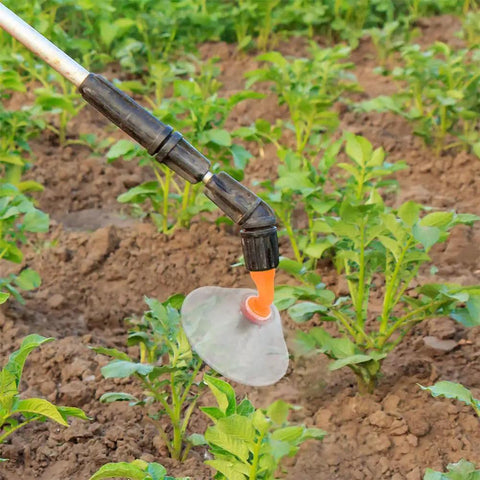 Close-up of 6-Piece Agricultural Spray Nozzle Set For Electric Farm Sprayer With Windproof Shield High-Precision Drift Guard in use in field.