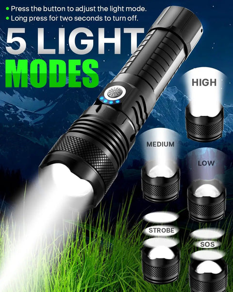 Ultra Bright LED Flashlight That Lights Up The Night With A Rechargeable Battery And Zoomable Beam 5 Modes Waterproof Tactical Light