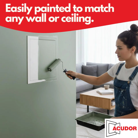 Heavy Duty 8X8 Inch Hinged Drywall Access Panel White Slick Slip In Design For Walls And Ceilings No Sweat Setup No Screws Needed being painted.