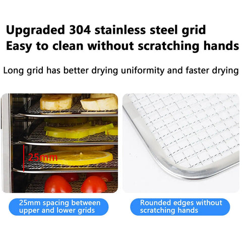 Heavy Duty Electric Food Dehydrator Machine With Hella Spacious 18 Layer Stainless Steel Trays showing 304 stainless steel grids and spacious layout.