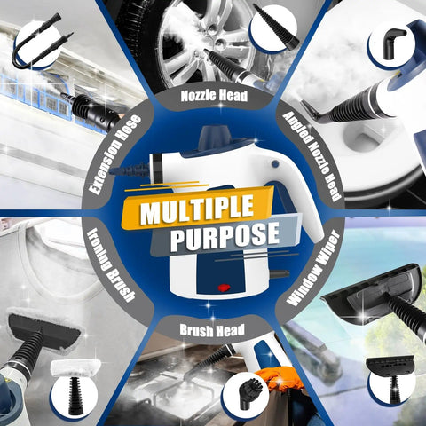 Heavy Duty Handheld Steam Cleaner For Kitchen Tile And Bathroom with various attachments including brush head and nozzle.