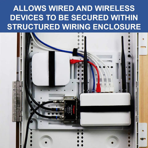 Universal 10 Inch Mounting Plate For Structured Media Enclosures With Velcro Roll, neatly securing devices and cables