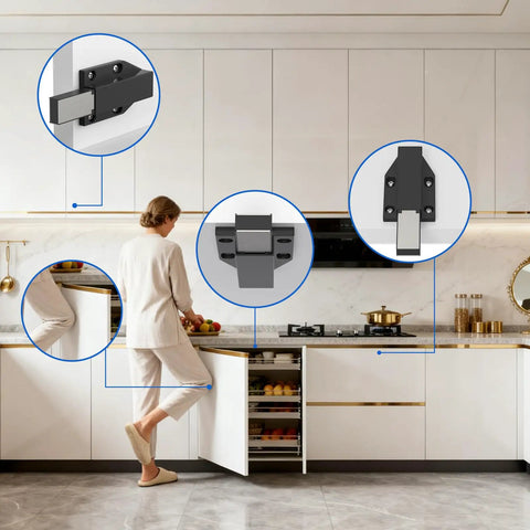 Person using push to open cabinet latch set heavy duty touch latch magnetic spring release for large doors, black 2 pack.