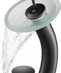 Tall Waterfall Vessel Sink Faucet With Frosted Glass Disk And Pop Up Drain In Oil Rubbed Bronze Finish, Premium Metal Construction