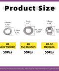Image showing product sizes: #8 lock washers, #8 flat washers, and 8-32 hex nuts from 150-Piece SAE 304 Stainless Steel Hex Nuts Kit.