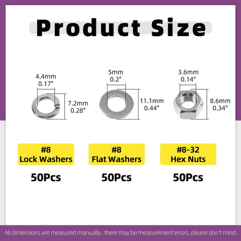 Image showing product sizes: #8 lock washers, #8 flat washers, and 8-32 hex nuts from 150-Piece SAE 304 Stainless Steel Hex Nuts Kit.