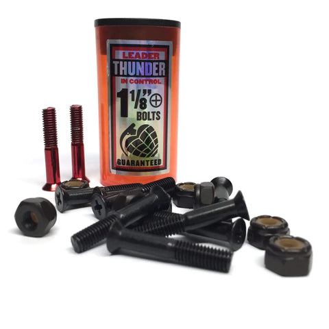 One And One Eighth Inch Phillips Skateboard Truck Mounting Hardware Kit In Red With Eight Bolts And Eight Lock Nuts, packaging shown