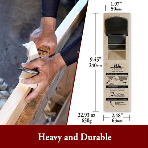 Professional Japanese Wood Planer 2 Inch Hand Block Plane smoothing wood flat surfaces, dimensions and weight shown.