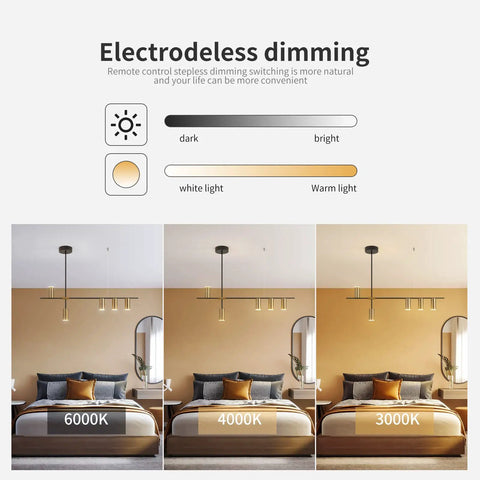 Modern Kitchen Island Light With Remote Dimmable LED Linear Pendant Light displaying light temperature from 3000K to 6000K over bed