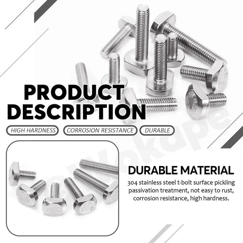 Pro Grade 50 Piece 304 Stainless Steel T Slot Bolt Kit M5 and M6 with various lengths; shows bolts durability and design.