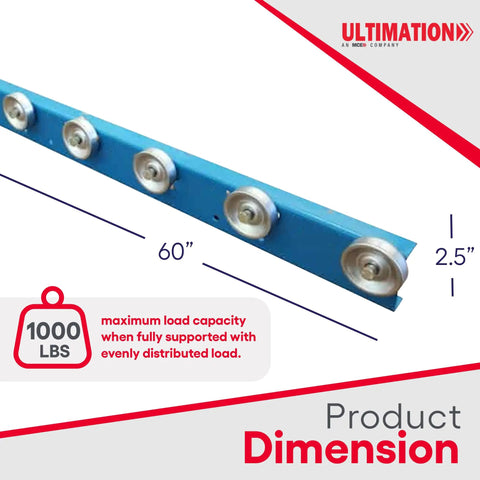 Kick Major Weight Around Your Shop With These 5 Foot Heavy Duty Conveyor Flow Rails Using Smooth Steel Skate Wheels For Frictionless Gravity Material Handling And Warehouse Setup 260 Lbs Per Ft Capacity Powder Coated Steel Build, 60" rail with 49mm wheels.
