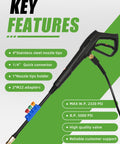 Pressure Washer Gun Set Universal Fit Heavy Duty With 2320 PSI Max 5000 PSI Burst showing nozzle tips and adapters in front view.
