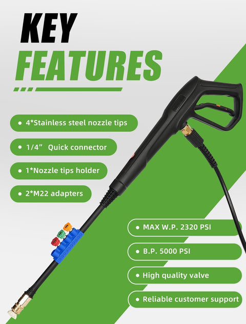 Pressure Washer Gun Set Universal Fit Heavy Duty With 2320 PSI Max 5000 PSI Burst showing nozzle tips and adapters in front view.