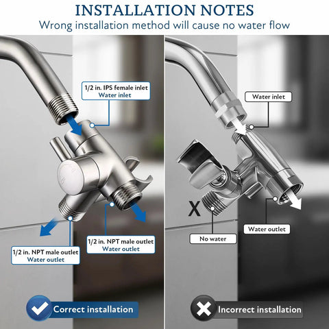 Correct and incorrect installation of solid metal shower arm diverter with holder for handheld and fixed shower heads 3 way universal diverter system G half inch thread brushed nickel built tough for long lasting durability and leak free performance