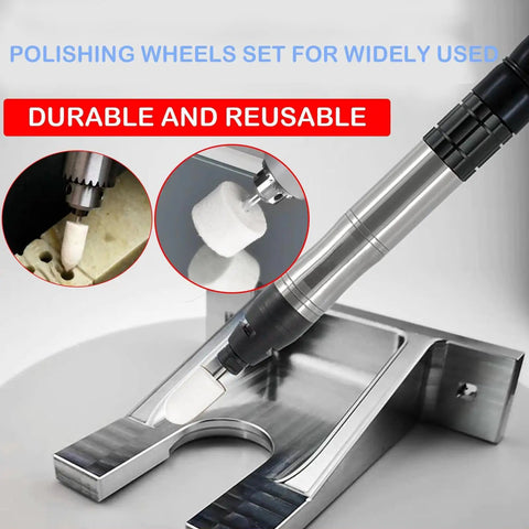 Pro Grade Rotary Tool Polishing Kit With Buffing Wheels And Felt Wool Pads Polish Compound Grinding Heads Point Tips And Mandrels One Eighth Inch Shanks Ideal For Jewelry And Metal Polishing Gear in use on metal surface