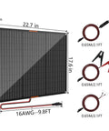 Lightweight 50W 12V Solar Battery Charger Maintainer for Cars Boats RVs and More shown with dimensions and accessories