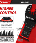 Front view of EZARC Arc-Edge 5-pack Japanese-tooth oscillating multitool blades for wood and plastic