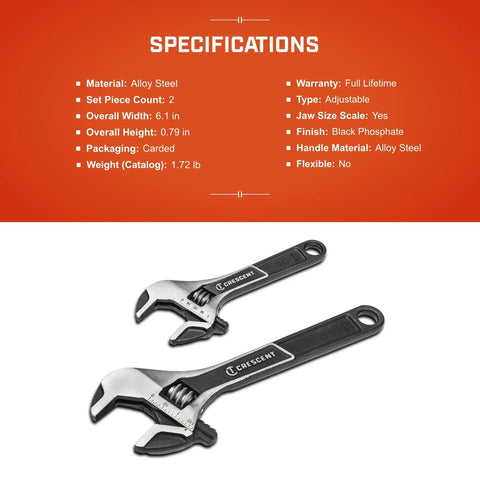 Wide Jaw Adjustable Wrench Set With 6 Inch And 10 Inch Wrenches, Micro Serrations For Smooth Precise Grips, two alloy steel wrenches displayed