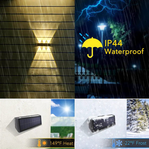 Outdoor Solar Lights 3000K Warm Aluminum Up And Down Wall Sconce Waterproof Dusk To Dawn 2 Pack in rain and temperature extremes.