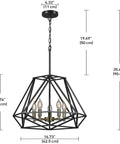 Juliet 1-Light Industrial Chandelier In Matte Black With Open Socket Design And Hanging Chain, dimensions diagram view