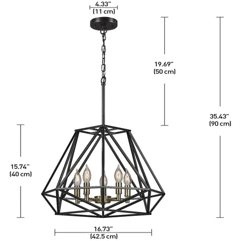 Juliet 1-Light Industrial Chandelier In Matte Black With Open Socket Design And Hanging Chain, dimensions diagram view