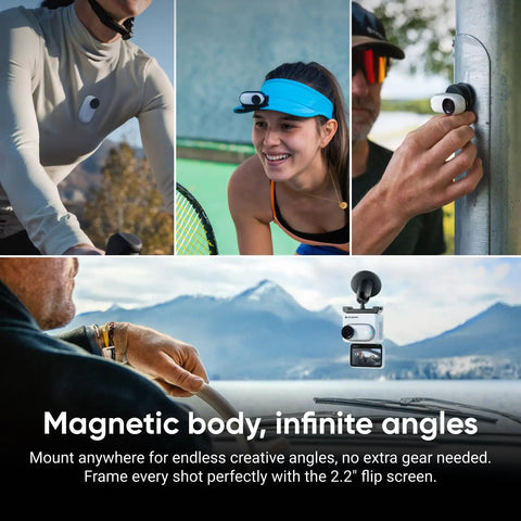 Tiny 4K Vlogging Cam With 128 GB White mounted on various surfaces for hands free POV recording outdoors.