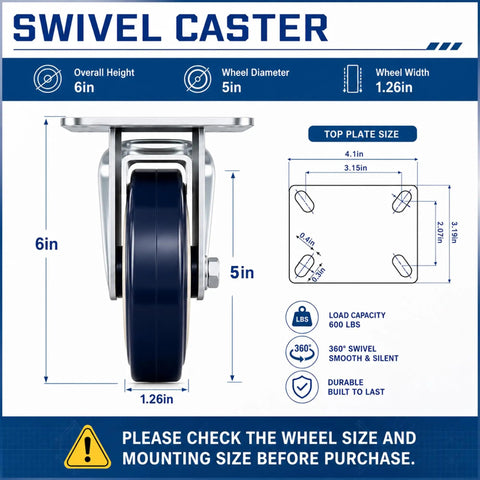 Premium 5 Inch Caster Set Brings Rollin Smooth Moves To Your Workflow Using Silent Nonmarking Polyurethane Wheels side view with dimensions.