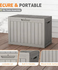 50 Gallon Outdoor Storage Box Weatherproof Resin Deck Box with reinforced lid, UV resistant gray, shown with wood-grain surface.
