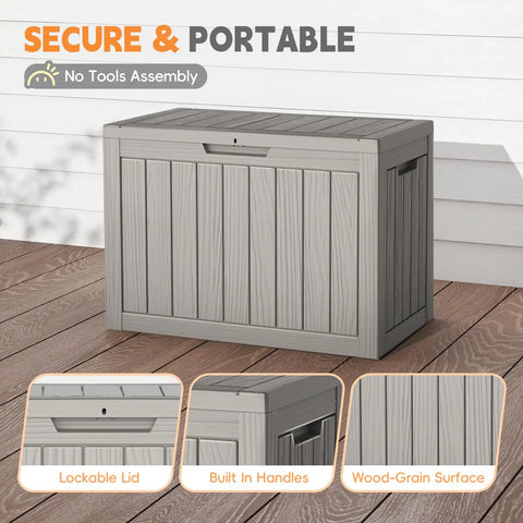 50 Gallon Outdoor Storage Box Weatherproof Resin Deck Box with reinforced lid, UV resistant gray, shown with wood-grain surface.