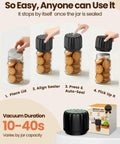 Steps to use Upgraded Electric Mason Jar Vacuum Sealer Kit with Wide and Regular Mouth Lids for sealing a jar of cookies.